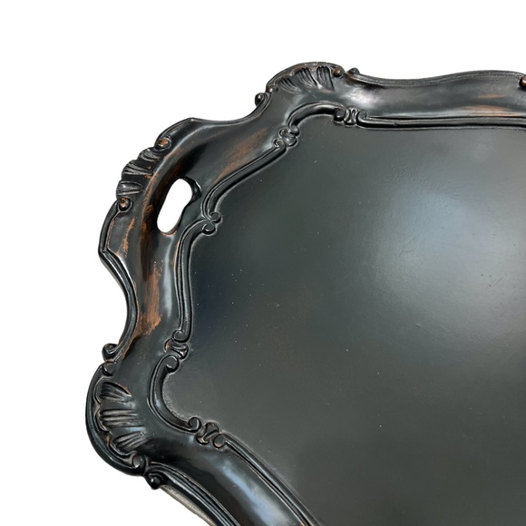 VINTAGE ITALIAN BROWN WOOD HANDLED TRAY WITH ACANTHUS LEAF & SCROLL DECORATION - Picture 5 of 15